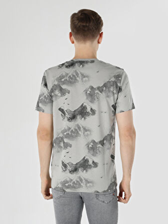 Regular Fit Bisiklet Yaka Kuru Kafa Baskılı Gri Erkek Kısa Kol Tişört