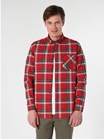 Regular Fit Kareli Kırmızı Erkek Uzun Kol Gömlek