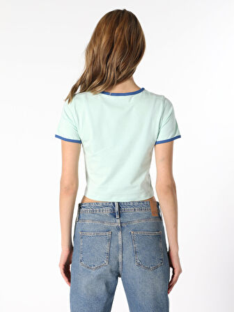 Slim Fit Baskılı Crop Yeşil Kadın Kısa Kol Tişört