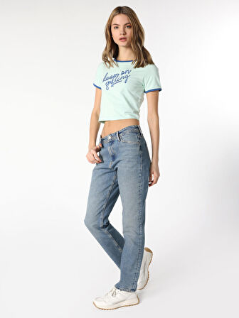 Slim Fit Baskılı Crop Yeşil Kadın Kısa Kol Tişört