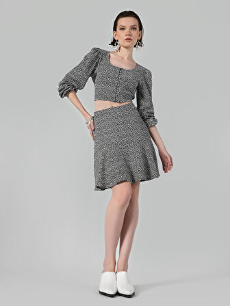 Regular Fit Baskılı Pileli Siyah Kadın Etek