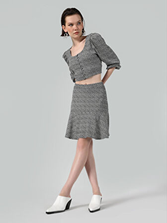 Regular Fit Baskılı Pileli Siyah Kadın Etek