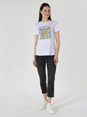 Regular Fit Bisiklet Yaka Baskılı Beyaz Kadın Kısa Kol Tişört