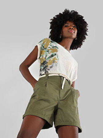 Regular Fit Bisiklet Yaka Baskılı Beyaz Kadın Kısa Kol Tişört