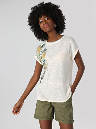 Regular Fit Bisiklet Yaka Baskılı Beyaz Kadın Kısa Kol Tişört