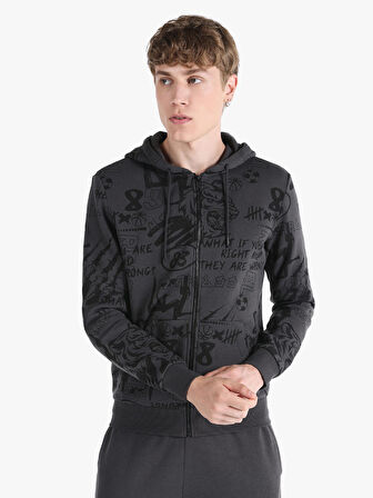 Slim Fit Kapüşonlu Fermuarlı Baskılı Antrasit Erkek Sweatshirt