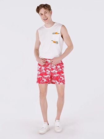 Slim Fit Orta Bel Baskılı Kırmızı Erkek Deniz Şortu Cl1063400