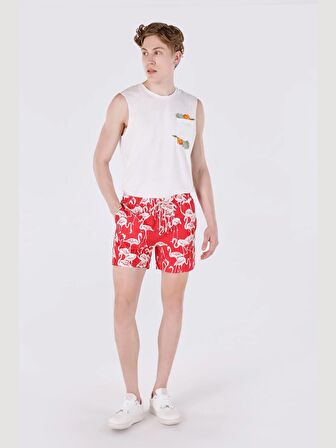 Slim Fit Orta Bel Baskılı Kırmızı Erkek Deniz Şortu Cl1063400