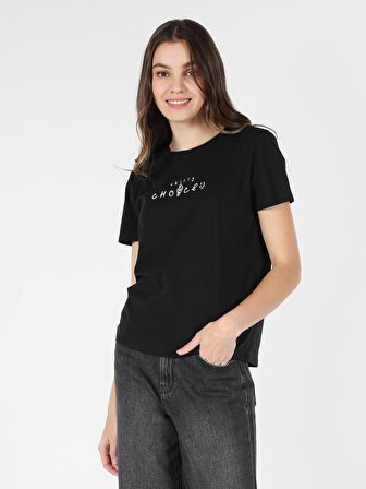Regular Fit Bisiklet Yaka Baskılı Siyah Kadın Kısa Kol Tişört