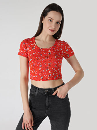 Slim Fit Baskılı Kırmızı Kadın Kısa Kol Tişört