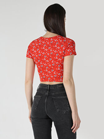 Slim Fit Baskılı Kırmızı Kadın Kısa Kol Tişört