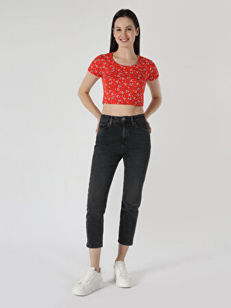 Slim Fit Baskılı Kırmızı Kadın Kısa Kol Tişört