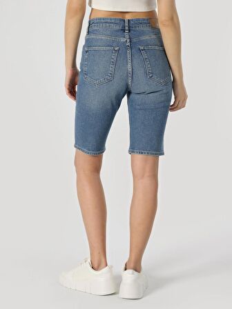 Yüksek Bel Slim Straight Fit Düz Paça Mavi Kadın Şort Cl1063580