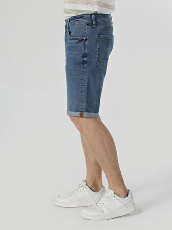 Regular Fit Orta Bel Cepli Mavi Erkek Şort