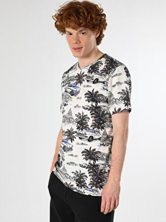 Regular Fit Bisiklet Yaka Baskılı Çok Renkli Erkek Kısa Kol Tişört