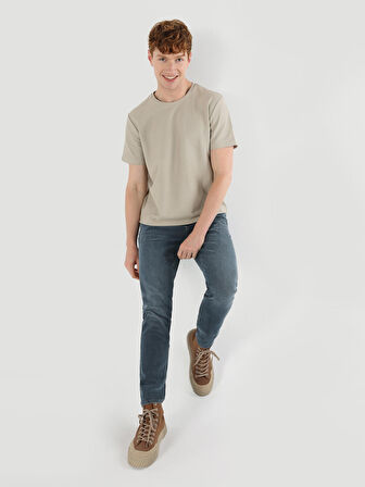 Regular Fit Bisiklet Yaka Basic Bej Erkek Kısa Kol Tişört