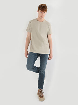 Regular Fit Bisiklet Yaka Basic Bej Erkek Kısa Kol Tişört