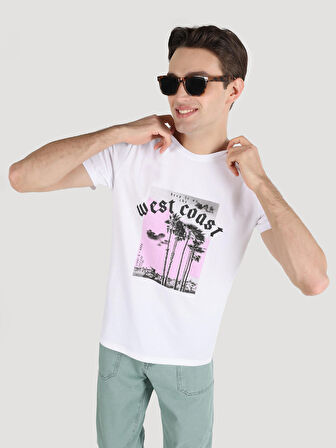 Regular Fit Bisiklet Yaka Baskılı Beyaz Erkek Kısa Kol Tişört