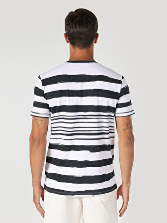 Regular Fit Çizgili Beyaz Erkek Kısa Kol Tişört