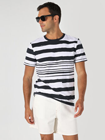 Regular Fit Çizgili Beyaz Erkek Kısa Kol Tişört