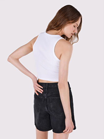 Slim Fit Baskılı Crop Beyaz Kadın Atlet