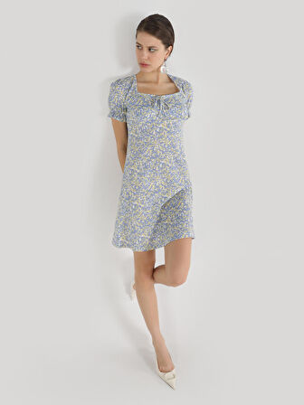 Regular Fit Kare Yaka Baskılı Mini Çok Renkli Kadın Elbise