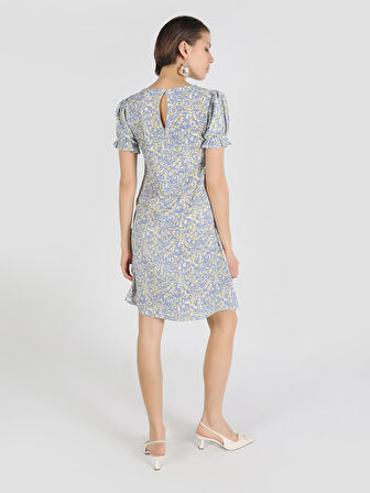 Regular Fit Kare Yaka Baskılı Mini Çok Renkli Kadın Elbise