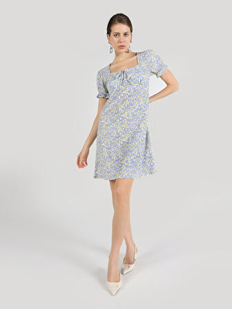 Regular Fit Kare Yaka Baskılı Mini Çok Renkli Kadın Elbise