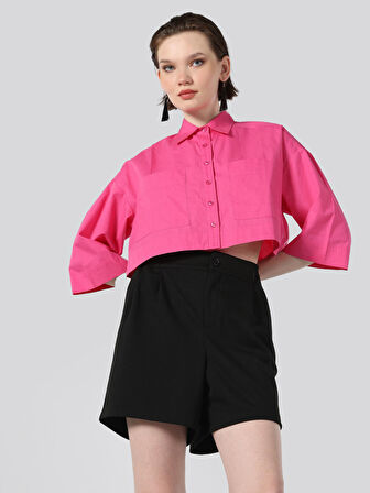 Regular Fit Cepli Pembe Kadın Uzun Kol Gömlek