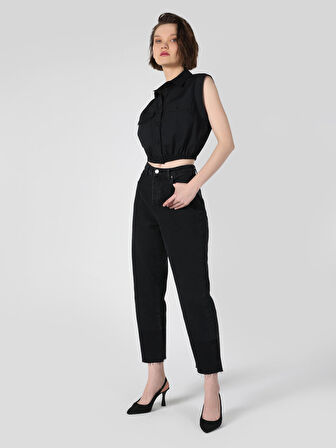 Regular Fit Cepli Crop Siyah Kadın Kısa Kol Gömlek