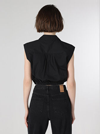 Regular Fit Cepli Crop Siyah Kadın Kısa Kol Gömlek