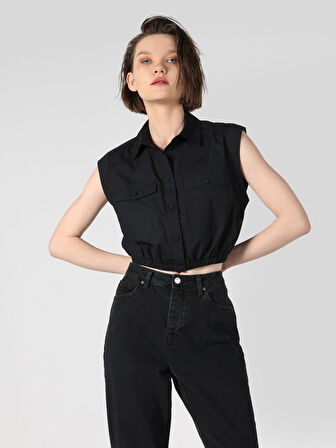 Regular Fit Cepli Crop Siyah Kadın Kısa Kol Gömlek