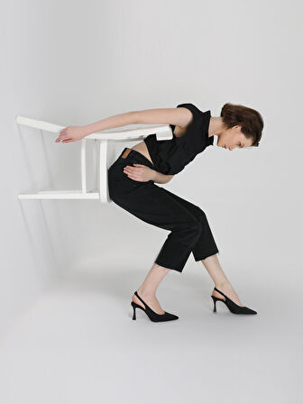 Regular Fit Cepli Crop Siyah Kadın Kısa Kol Gömlek