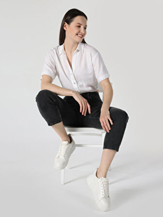 Regular Fit Shirt Neck Beyaz Kadın Kısa Kol Gömlek