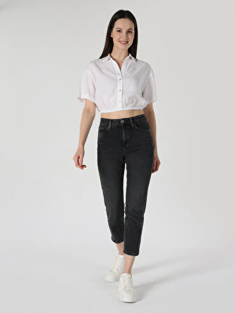 Regular Fit Shirt Neck Beyaz Kadın Kısa Kol Gömlek