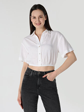 Regular Fit Shirt Neck Beyaz Kadın Kısa Kol Gömlek