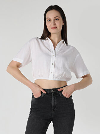 Regular Fit Shirt Neck Beyaz Kadın Kısa Kol Gömlek