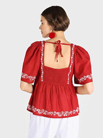 Slim Fit U Yaka Karpuz Kol Desenli Kahverengi Kadın Kısa Kol Gömlek