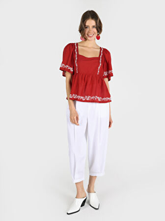 Slim Fit U Yaka Karpuz Kol Desenli Kahverengi Kadın Kısa Kol Gömlek