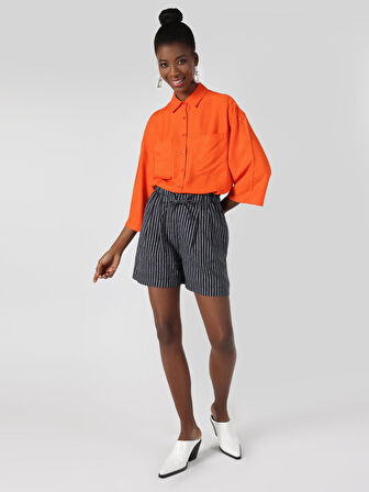 Regular Fit Yüksek Bel Çizgili Lacivert Kadın Şort