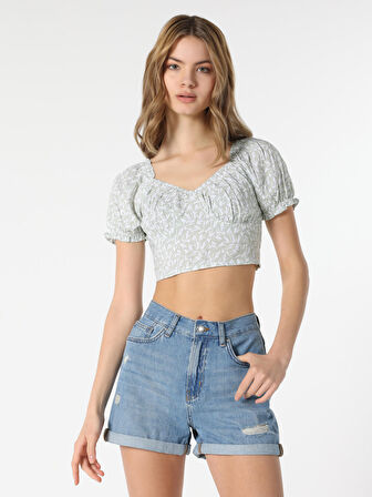 Slim Fit Büzgülü Crop Yeşil Kadın Kısa Kol Gömlek