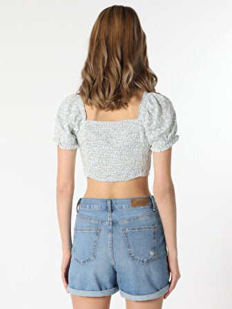 Slim Fit Büzgülü Crop Yeşil Kadın Kısa Kol Gömlek