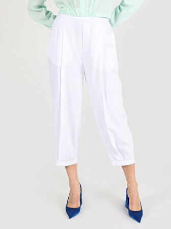 Regular Fit Yüksek Bel Geniş Kısa Paça Beyaz Kadın Pantolon