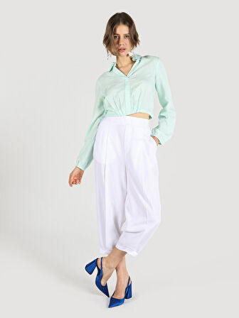 Regular Fit Geniş Paça Yüksek Bel Beyaz Kadın Pantolon