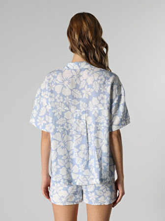 Regular Fit Shirt Neck Baskılı Mavi Kadın Kısa Kol Gömlek
