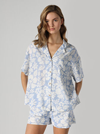 Regular Fit Shirt Neck Baskılı Mavi Kadın Kısa Kol Gömlek