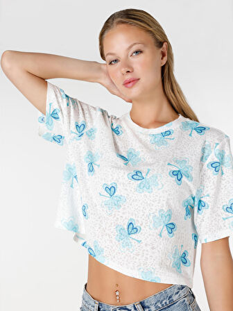 Regular Fit Baskılı Crop Beyaz Kadın Kısa Kol Tişört