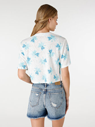 Regular Fit Baskılı Crop Beyaz Kadın Kısa Kol Tişört