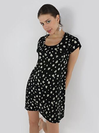 Regular Fit Çiçek Baskılı Mini Siyah Kadın Elbise