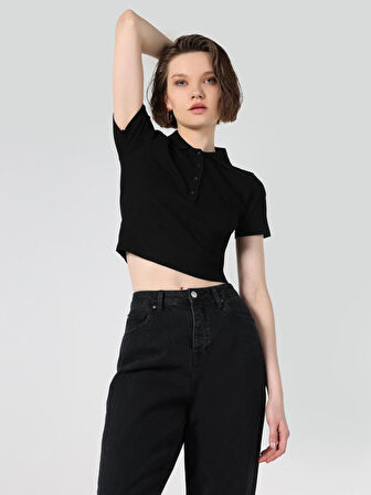 Slim Fit Bisiklet Yaka Crop Siyah Kadın Kısa Kol Tişört